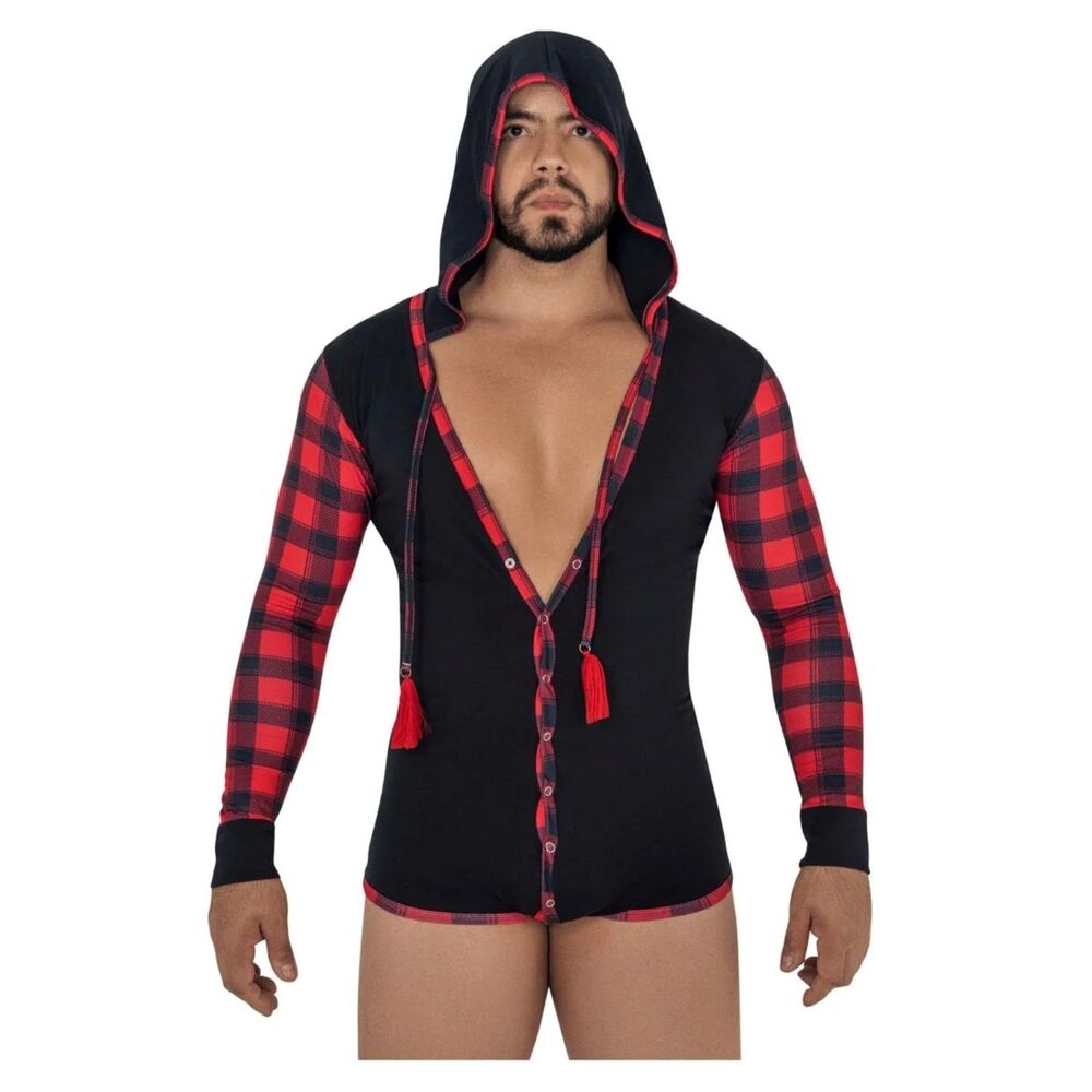 [L-3XL] Candyman Men's Black & Red  Hoodie Bodysuit 99575
